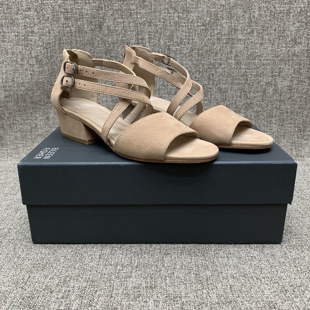 Eileen Fisher women Sandals Kyra tan Nubuck Leather Open Peep Toe Size‎ 6